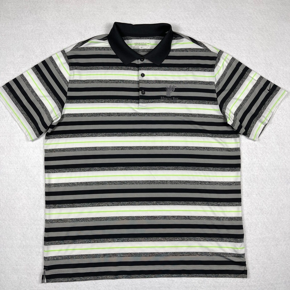 Nike‎ Polo Shirt Mens XL Gray Striped Heron Bay Golf Travel Vacation Workwear
